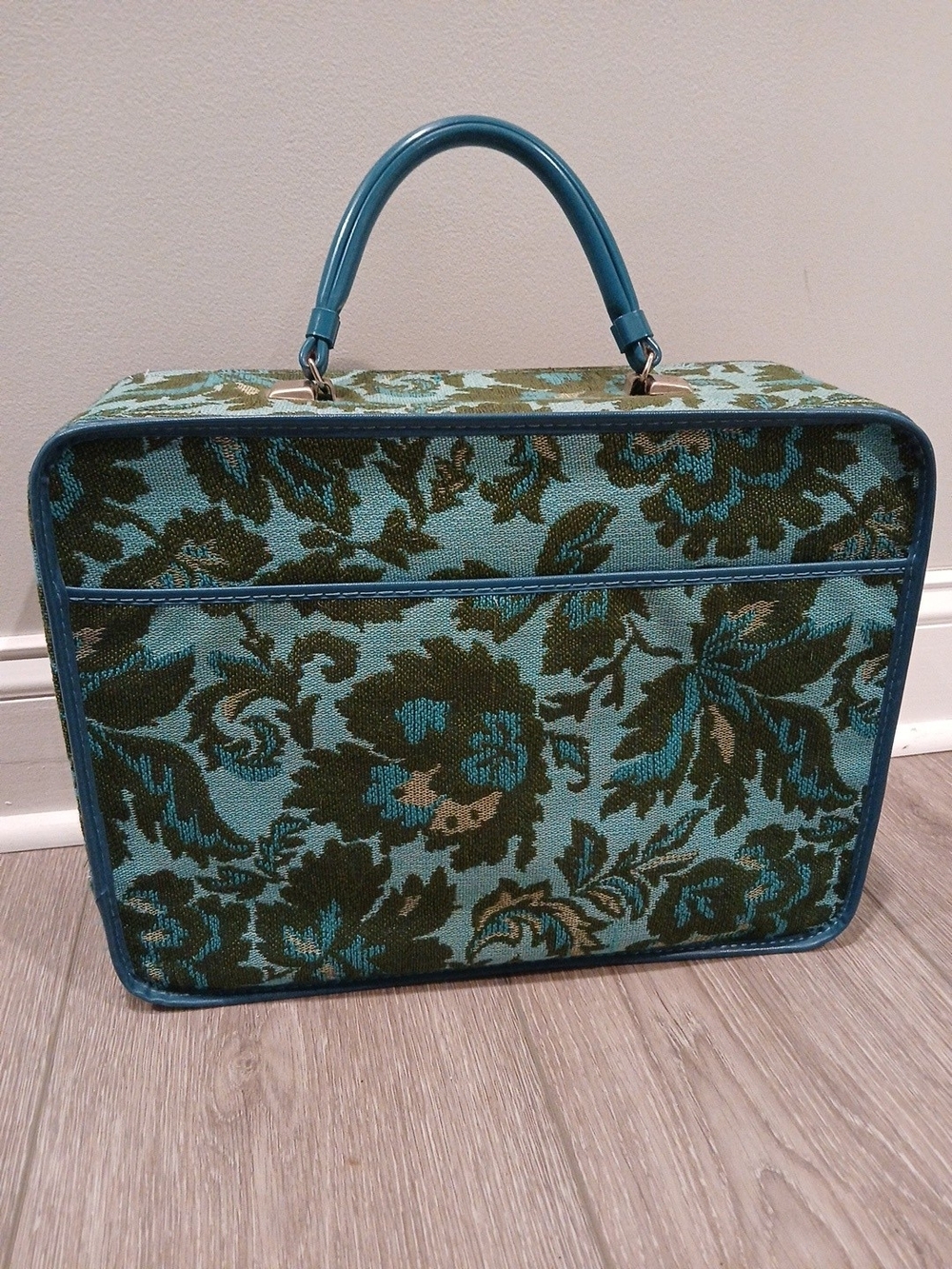 VTG 60's TAPESTRY SUITCASE CARRY ON BAG MCM BLUE GREEN CARPET BAG 15x11x6 GROOVY